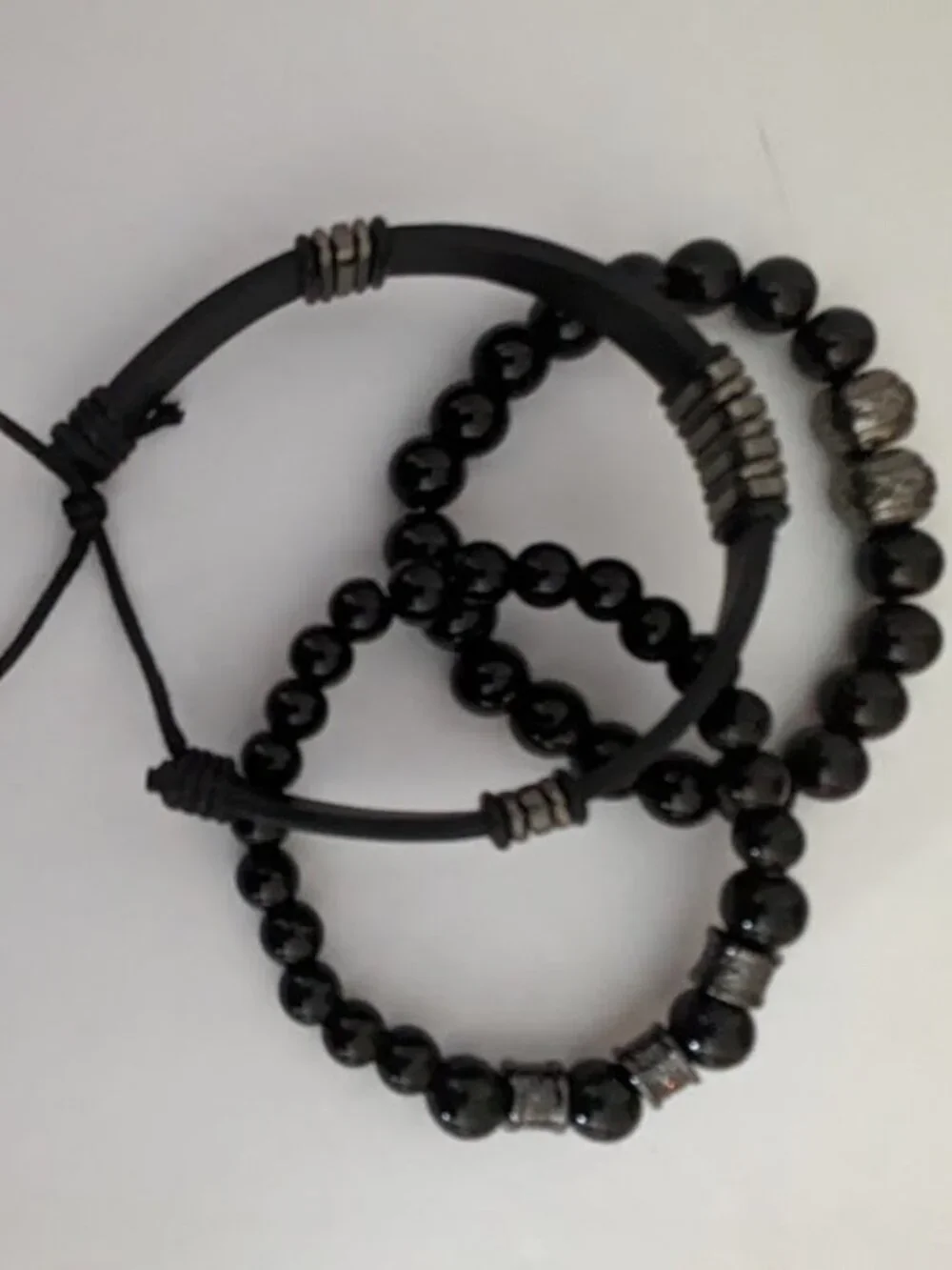 Black Leather Men Women Beaded Cuff Wristband Bracelet 3pcs Set